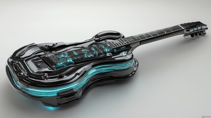 Poster - A futuristic guitar design with sleek, metallic textures and glowing edges.