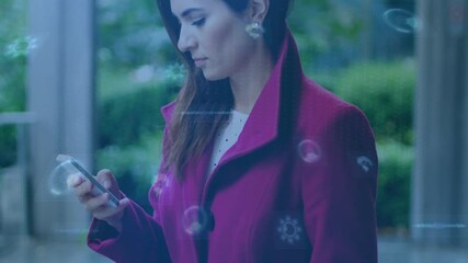 Poster - Using smartphone with digital animation, woman in red coat in school hallway