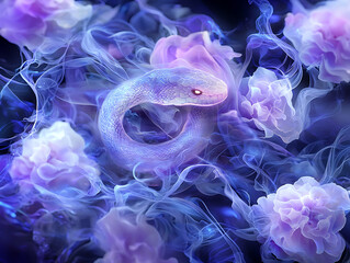 Poster - Ethereal serpent surrounded by lavender blooms underwater realm digital art fantasy aerial perspective mystical vibe
