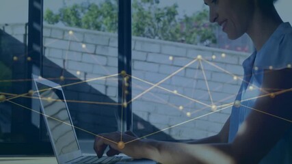 Poster - Working on laptop, person with network connections animation overlay in background
