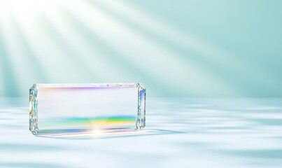 Fototapete - A crystal prism refracts light, creating colorful reflections on a serene surface.