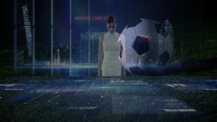 Poster - Interacting with digital animation, woman analyzing soccer over cityscape background