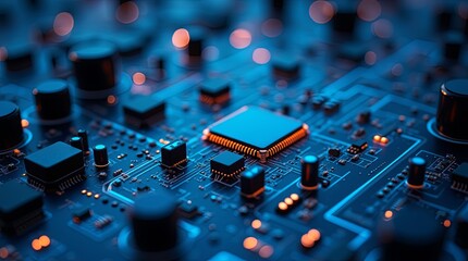 Poster - A close up of a computer chip with a blue background