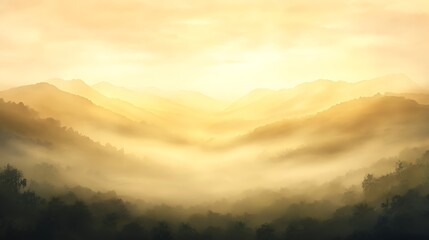 Fototapete - Golden misty landscape at sunrise, featuring soft hills and gentle light.
