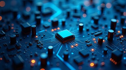 Poster - A computer chip is shown in a blue and orange color scheme