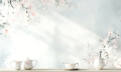 Fototapete - Delicate floral mural with white teapots and soft light creating a serene atmosphere.