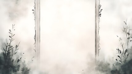 Poster - A misty landscape with a blank frame surrounded by soft foliage and ethereal tones.