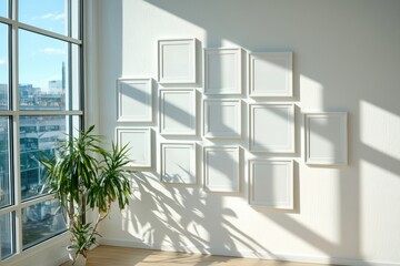Poster - Minimalist whitewashed picture frames displayed on a wall in bright daylight interior design focus modern aesthetic