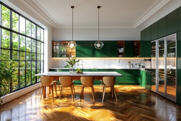 Poster - Evening illuminated vintage-style cabinetry in classic kitchen setting modern design head-on view