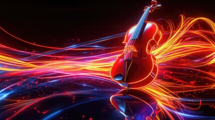 Poster - A violin on a dark reflective surface with neon light streaks around it.