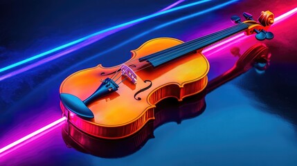 Poster - A violin on a dark reflective surface with neon light streaks around it.