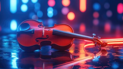 Poster - A violin on a dark reflective surface with neon light streaks around it.