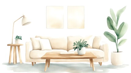 Poster - Bright and airy living room with a cozy sofa, wooden coffee table, lamp, and potted plant.