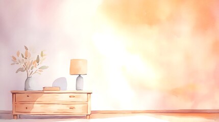 Poster - A serene room setting with a wooden dresser, lamp, and decorative plant against a soft, warm background.