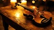 © Sampao - A violin resting on an antique wooden table with a warm candle-lit atmosphere.