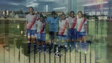 Poster - Youth soccer team posing over financial data and stock market chart animation