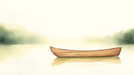 Aufkleber - Serene wooden boat on a calm misty lake at dawn.
