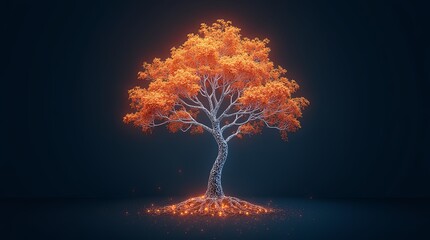 Poster - A tree with orange leaves is lit up in a dark room