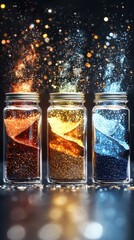 Poster - Vibrant spices illuminated in jars macro photography dark background diffused light colorful environment