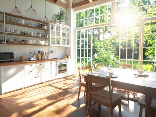 Poster - Charming heritage kitchen furniture displayed in sunlit setting modern home interior photography inviting atmosphere tilted perspective