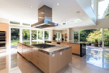 Poster - Modern kitchen design with natural daylight serene soft beige backsplash open layout contemporary home straight-on view