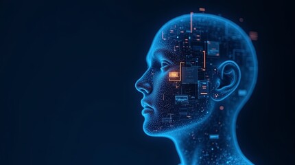 Poster - A blue head with a glowing eye and a computer chip in the ear