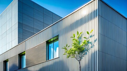 Poster - Minimalist Line Art Leaf Architectural Photography: Modern Building Facade with Simple Leaf Design
