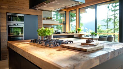 Poster - Rustic charm of reclaimed lumber kitchen surfaces in soft morning light modern home interior photography midlevel view