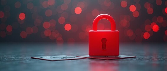 Poster - A red lock is on a table next to a card with the letters 