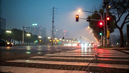 Poster - A busy city street at night with a red light at the intersection