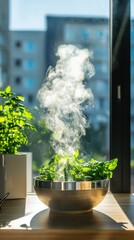 Poster - Invigorating steam experience with fresh herbs in bright daylight indoor kitchen wide angle view realistic atmosphere
