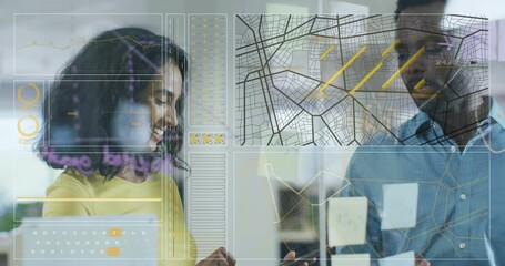 Poster - Interacting with digital interface, business professionals analyzing data and maps in office