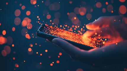 Poster - Hand holding smartphone with glowing particles, creating magical effect