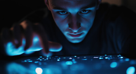 Poster - Young man interacting with glowing digital interface, focused expression