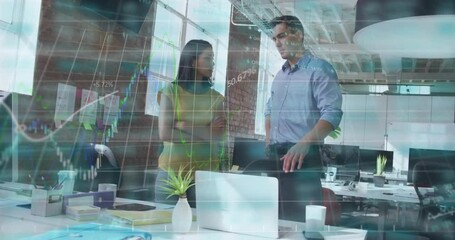 Poster - Discussing financial data animation, business professionals in modern office setting