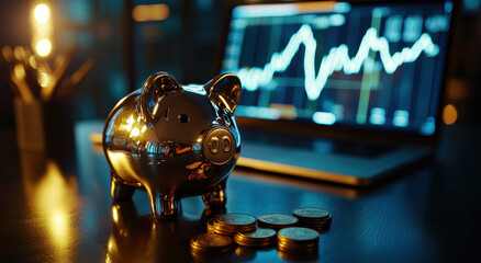 Poster - Shiny piggy bank on desk with coins and laptop displaying stock market data