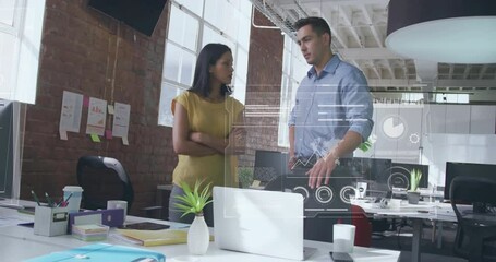 Poster - Discussing data analytics over digital interface, business professionals in modern office