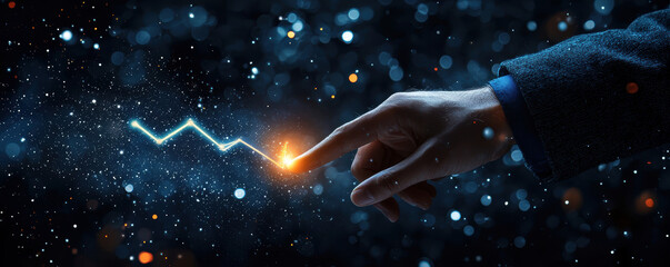 Poster - Hand touching glowing energy spark in dark space, creating connection