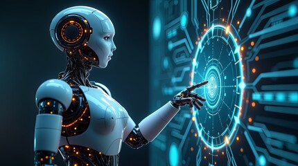 Poster - A robot is touching a screen with a blue circle