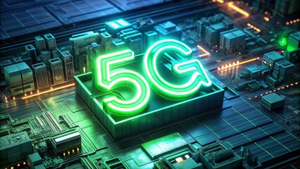Poster - A green and neon colored 5G logo is displayed on a circuit board