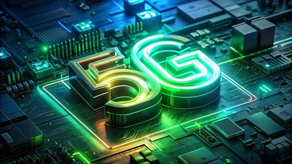 Poster - A circuit board with the letters 5G glowing in neon green