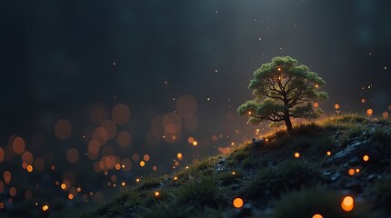 Poster - A small tree is lit up by the light of a fire