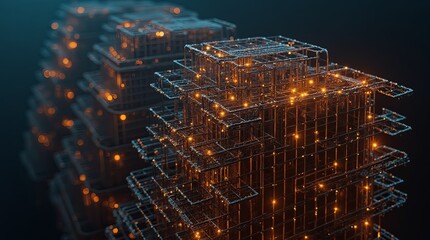 Poster - The image is a computer generated rendering of a cityscape with tall buildings