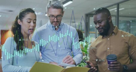 Poster - Diverse business team analyzing financial data with graph animation overlay