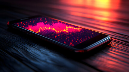 Poster - Smartphone displaying a dynamic stock market graph, illuminated in warm light on a dark wooden surface