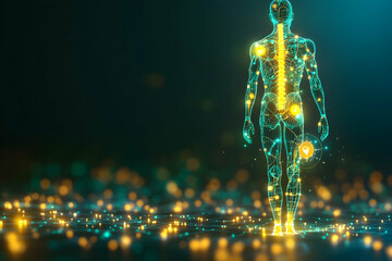 Poster - Glowing human body model,  points of light highlight key areas.  Abstract, digital art