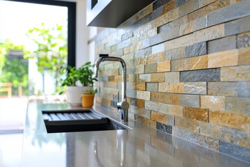 Poster - Natural stone backsplash with grays and browns in modern kitchen close-up view showcasing textures and filtered light