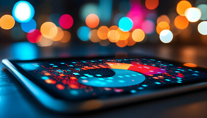 Poster - Illuminated tablet displaying vibrant data visualization, bokeh city lights in background
