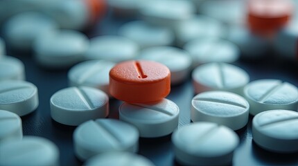 Poster - A close up of a bunch of pills, one of which is orange and one of which is white