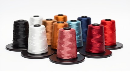 Poster - A row of colorful spools of thread are displayed on a white background
